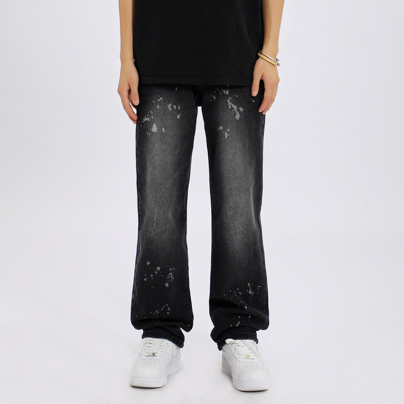 Men Jeans Old Splash-Ink White Jeans Men and Women Loose Straight Trousers