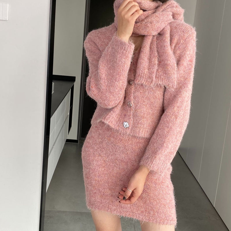 Women Knitted Two-Piece Set Cardigan Skirt Scarf Three-Piece Set Button Knitted Sweater Casual Suit 1t8852