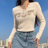 Women T-shirt Heart Wings Printed Slim V-neck Short Top
