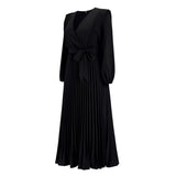 Women Date Dress Autumn and Winter V-neck Long Sleeve Pleated Dress