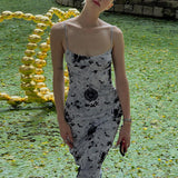 Women Dresse Vintage Ink Print Dress Sexy Slim-Fit Suspender Dress