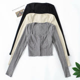 Women Sweater Knitwear Vintage Sexy Low Square Collar Long Sleeve Top Skinny Knit Cardigan Coat
