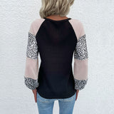 Women Knitted Sweater Autumn Long Sleeve Waffle Top Stitching Leopard Print