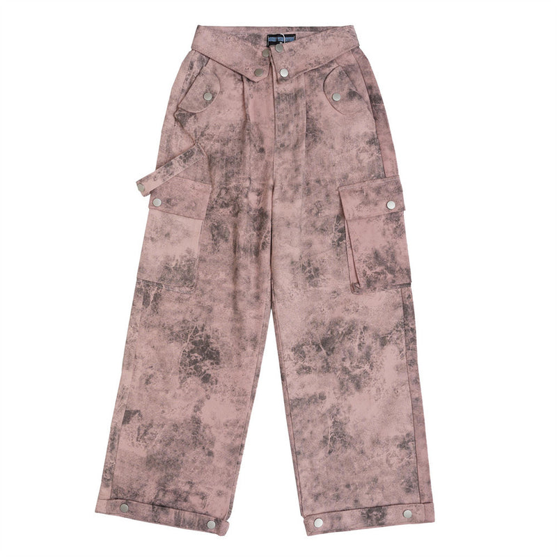 Women Pants Graffiti Tie-Dyed Flanging Overalls Loose Wide-Leg Pants Trousers