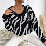 Women Knitted Sweater Autumn Pullover V-neck Black Zebra Print Sweater
