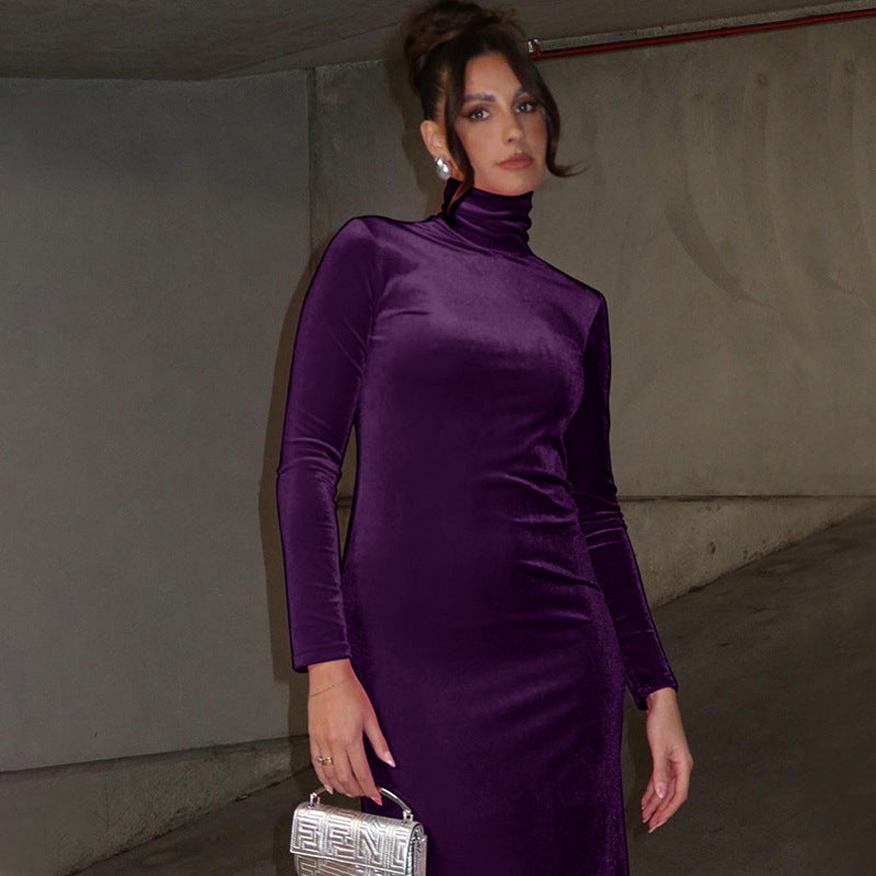 Women Dresses Fall Slim Fit Turtleneck Sheath Long Sleeve Dress