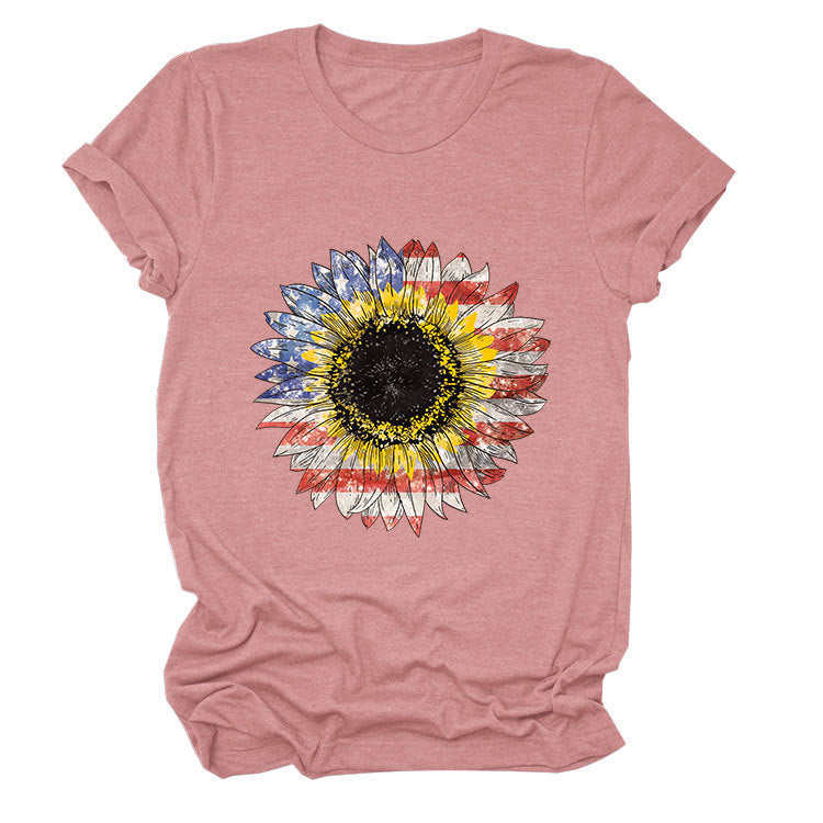 Sunflower Print Short Sleeve Casual Crew Neck T-Shirt Top