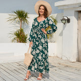 Women Date Dress Autumn Winter Sexy Long Sleeve V-neck Lantern Sleeve Backless Floral Long Tie Dress