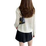 Women Cardigan Sweater Hollow out Sweater Cardigan Polo Collar Top Coat X3009