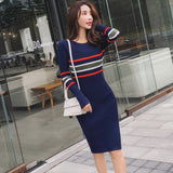 Women Maxi Dress Fall/Winter Striped Bag Dress Sweater