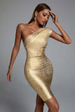 Women Evening Dress Bronzing Dress Bandage Sexy Backless One-Shoulder Hip Skirt