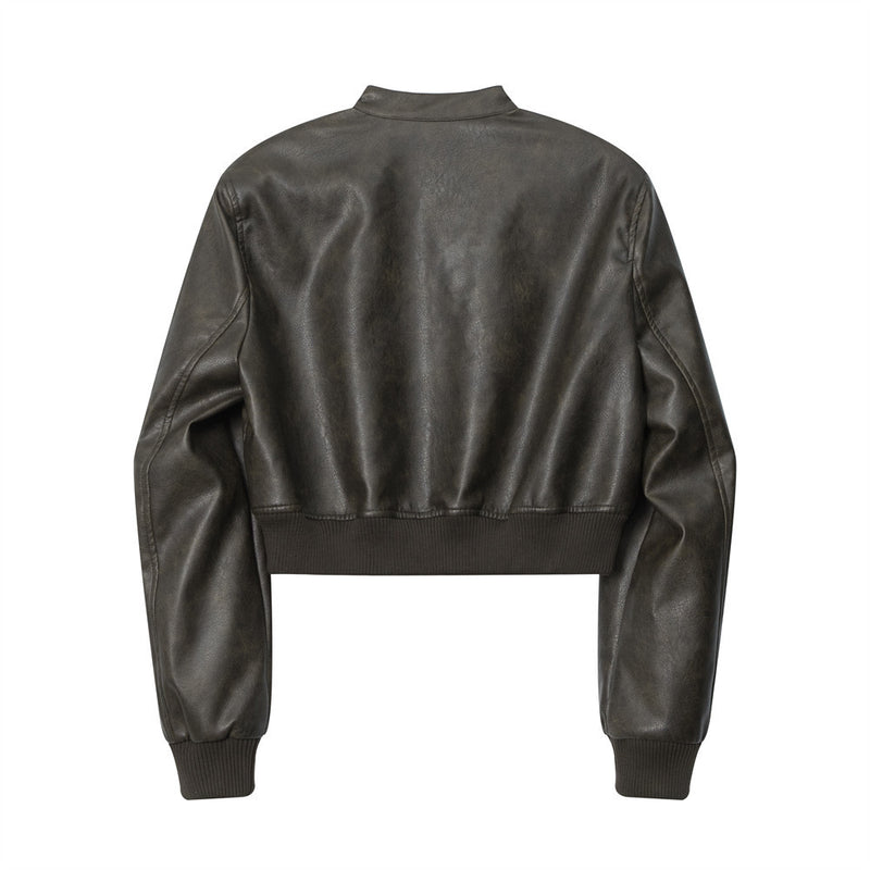 Women Jacket Short Pu Leather Coat Stand Collar Solid Color Racing Suit