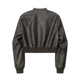 Women Jacket Short Pu Leather Coat Stand Collar Solid Color Racing Suit