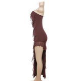 Women Dresses Summer Sexy Backless Slit Tassel Dress (Bla0420)