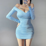 Women Dresses Blue V-neck Dress Long Sleeve Hip Skirt Skirt