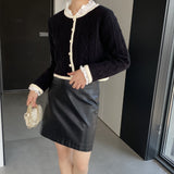 Women Cardigan Sweater Autumn Sweater round Neck Short Button Black and White Cardigan X3005