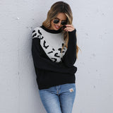 Women Knitted Sweater Autumn and Winter Leisure Leopard Print Contrast Color Long Sleeve Sweater