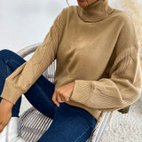 Women Knitted Sweater Turtleneck Solid Color Long Sleeve Twist Mid-Length Sweater