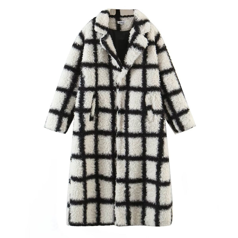 Women Woolen Coat Imitation Lamb Wool Plaid Coat Women's Autumn and Winter Thermal Long Coat