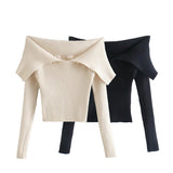 Women Sweater Knitwear Lapel Sweater Autumn Winter Sexy off-the-Shoulder Fold Collar Long Sleeve Sweater