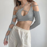 Women T-shirt Summer Spaghetti Straps Midriff-Baring Backless Sleeves Women's Top