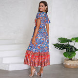 Women Date Dress Summer V-neck Ruffle Vintage Floral Beach Dress