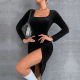 Women Dress Spring and Summer Sexy Slim Fit Square Collar Long Sleeve Velvet Hip Skirt Dress