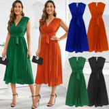 Women Date Dress Summer V-neck Pleated Sleeveless Waist Dress