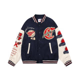 Men Jacket Coat Color Contrast Patchwork PU Leather Sleeve Machine Embroidery Letter Baseball Uniform Jacket