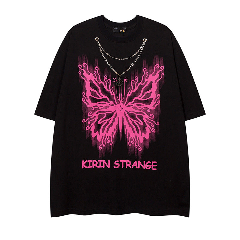 Men T Shirt Hip Hop Butterfly Graffiti Necklace Short Sleeve T-shirt