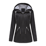 Women's Trench Coat Long-Sleeved Waterproof Mid-Length Trench Coat Women's Hooded Striped Raincoat