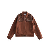 Unisex Jacket Vintage Suede Stitching Pu Turn-down Collar Coat Men and Women Loose Jacket