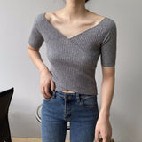 Women Knitted T-shirt V-neck Short-Sleeved Sweater Slim T-shirt