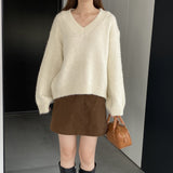 Women Winter Knitted Sweater V-neck Thick Sweater Autumn and Winter Loose-Fitting Long Sleeve Sweater H0001