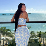 Women Dresses Summer Retro Style Slim-Fit Printed Skirt Two-Piece Suit (Bla0420)