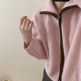 Women Knitted Cardigan Autumn Stand Collar Sweater Coat Short Loose Zip Knitted Cardigan
