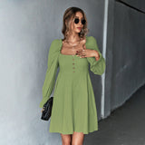 Women Dress Puff Sleeve Square Collar Long Sleeve Dress