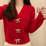 Women Knitwear Spring and Autumn V-neck Bowknot Knitted Sweater