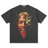 Dennis Rodman Graphic Tee Printed Short Sleeve T-Shirt Cotton Washed Loose Crew Neck Hooded Sweater