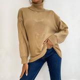 Women Knitted Sweater Turtleneck Solid Color Long Sleeve Twist Mid-Length Sweater
