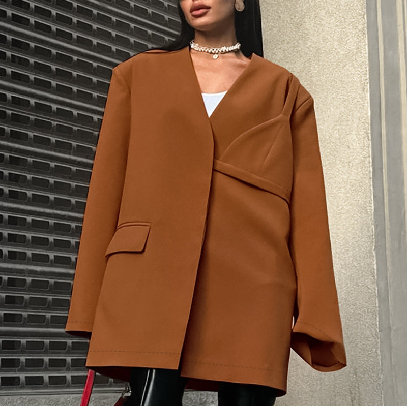 Women Trench Coat Autumn and Winter Leisure Baggy Coat Long Sleeve V-neck