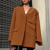 Women Trench Coat Autumn and Winter Leisure Baggy Coat Long Sleeve V-neck