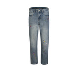 MIJKO Mens Vintage Pants Embroidery Embellished Slim-fitting Old Jeans