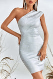 Women Evening Dress Bronzing Dress Bandage Sexy Backless One-Shoulder Hip Skirt