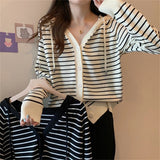 Women Knitwear Autumn and Winter Striped Hooded Sweater Loose Casual Knitted Cardigan