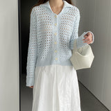 Women Cardigan Sweater Hollow out Sweater Cardigan Polo Collar Top Coat X3009