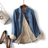 Women Jacket Autumn and Winter Loose Vintage Fleece-Lined Denim Shirt