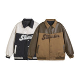 Unisex Winter Cotton Coat Retro Patchwork Contrast Color Letter Tide Polo Collar Jacket Baseball Uniform