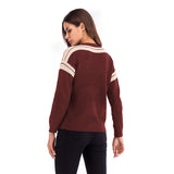 Women Knitted Sweater Casual Top Autumn Crew Neck Long Sleeve Color Matching Sweater