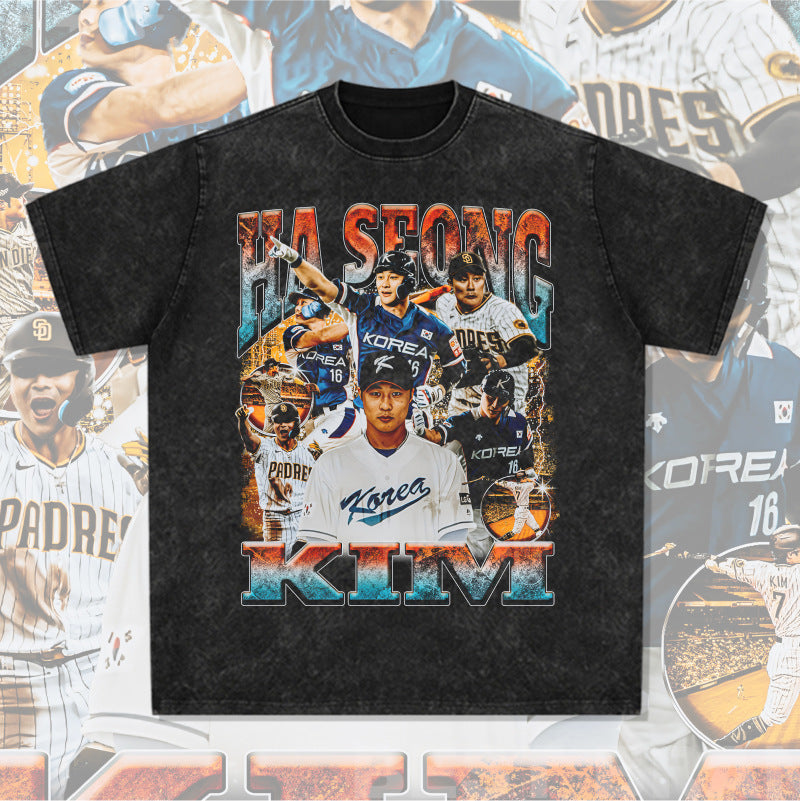 Mens Vintage baseball T-Shirt Baseball Ha-Seong Kim Printed Short Sleeve T-Shirt Vintage Wash